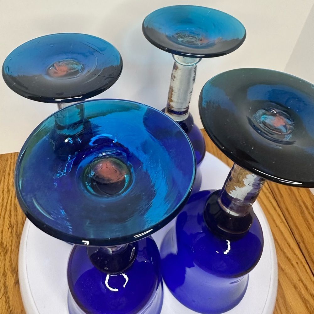Cobalt Blue Stemware Glasses Set 🍷 Vintage Hand Blown Wine Goblets - Picture 5 of 6